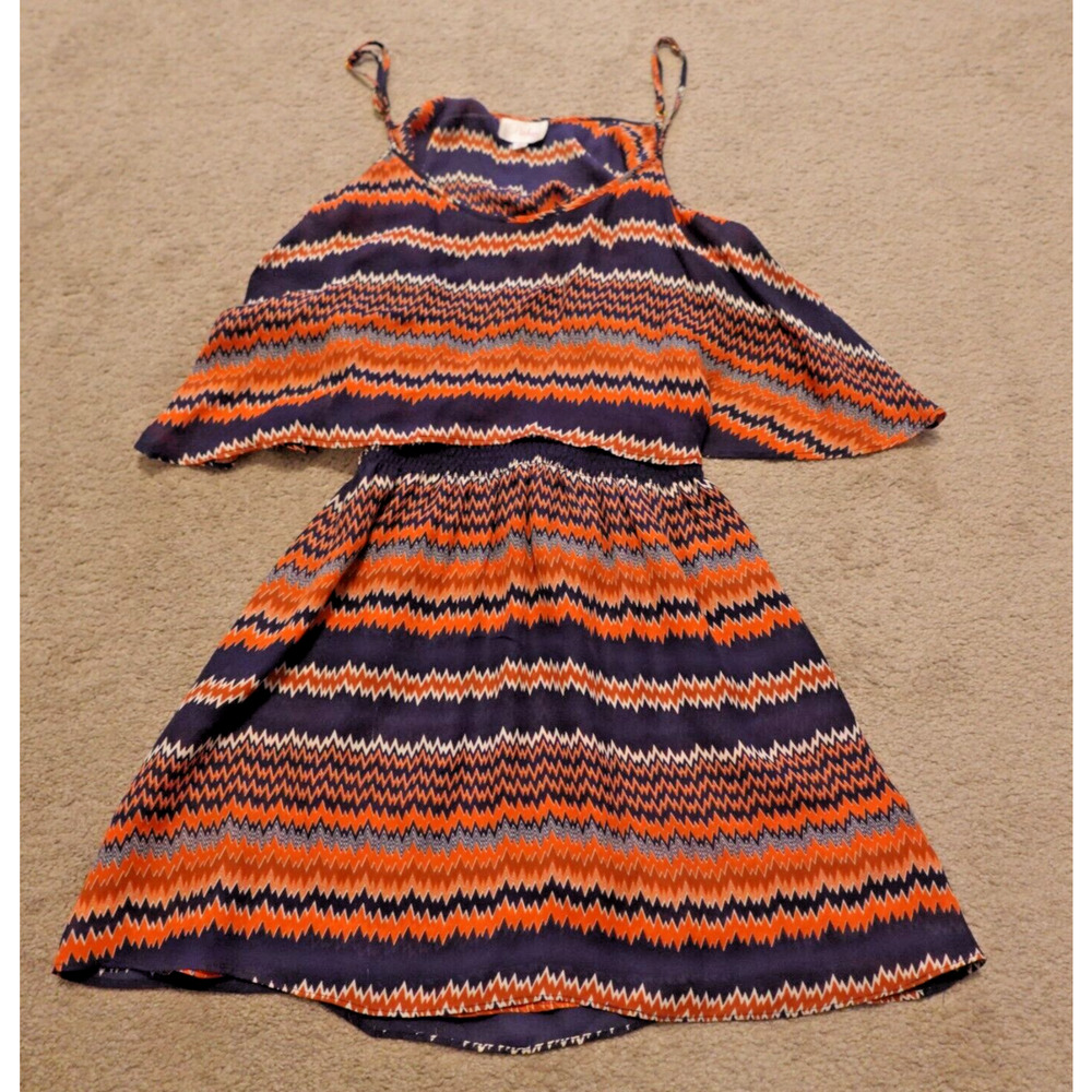Parker Silk Chevron Cold Shoulder Dress Navy Orange Boho Smocked Waist M
